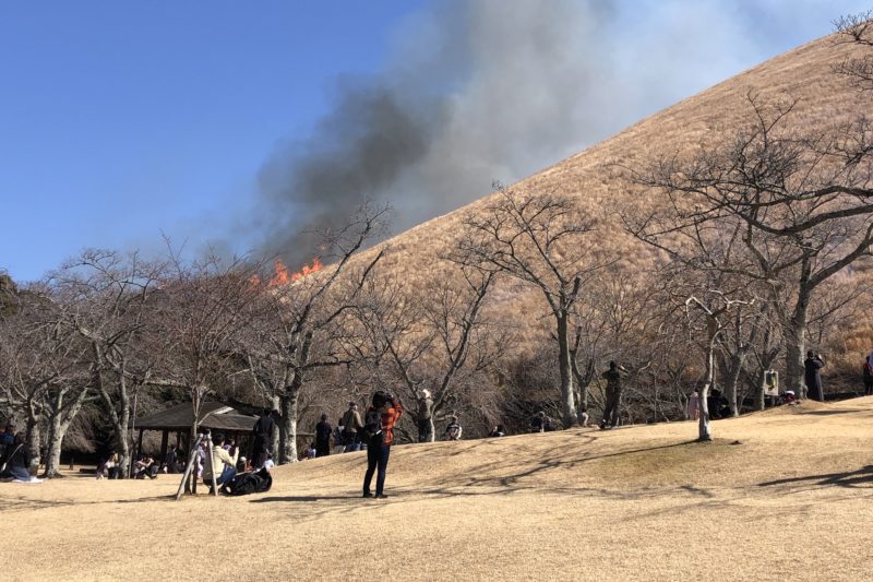 大室山の山焼き開始で点火したところ